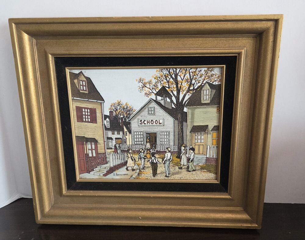 Vtg H Hargrove Going To School Oil Serigraph Canvas Framed Americana 8x10 COA